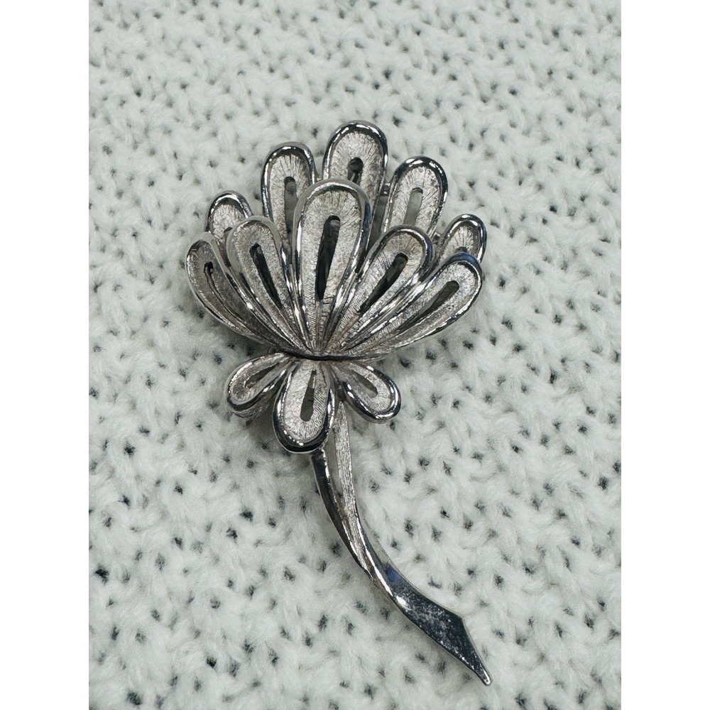 Vintage Trifari Silver Tone Openwork Flower Brooch Pin Textured